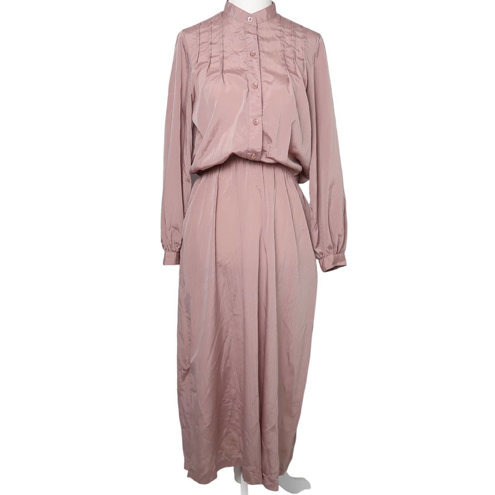 Vintage 70s Dumani mauve pink silky satin long sleeve midi dress 6
